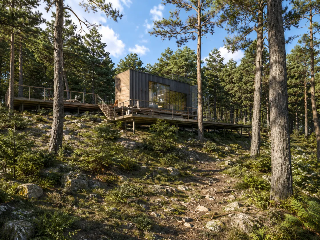 Çam ormanında kayalık yamaca ahşap kolonlarla oturtulmuş tiny house; koyu düşey kaplama, geniş köşe camı ve araziyi takip eden uzun ahşap teras