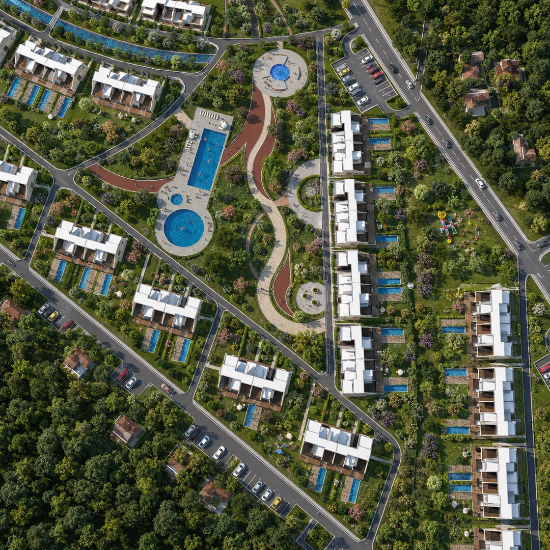 Yerleşimin tam tepeden görünümü: villa blokları, her birinin bahçesindeki bireysel havuzlar, ortadaki ortak havuz ve peyzaj aksı, sağda çevre yolu