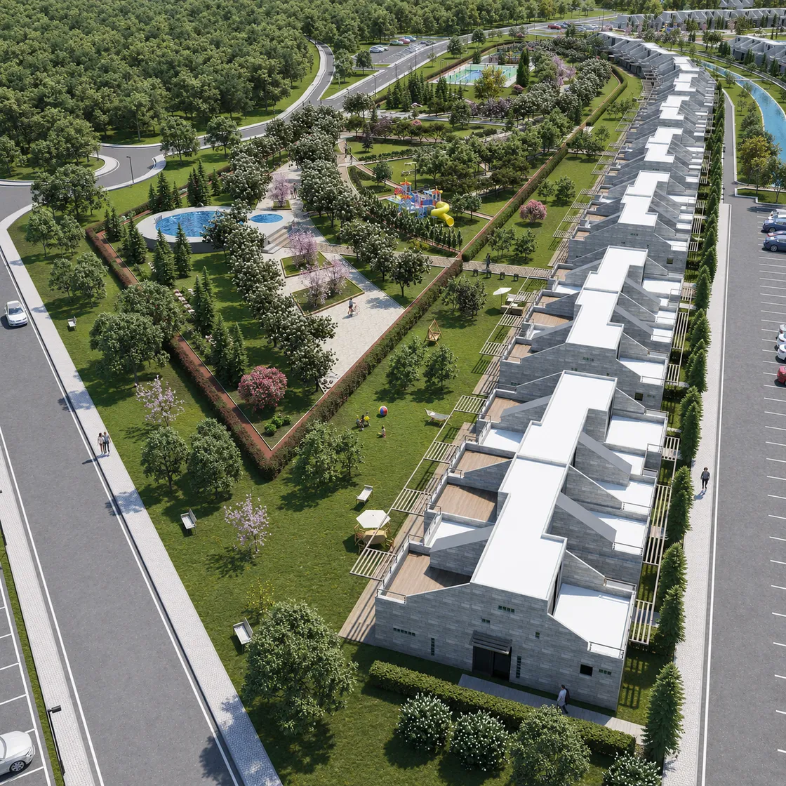 Sıra villaların üstten görünümü: beyaz kırma çatılar, aralarında servi ve çit ayrımları; solda ağaçlıklı ortak park, oyun grubu ve havuz
