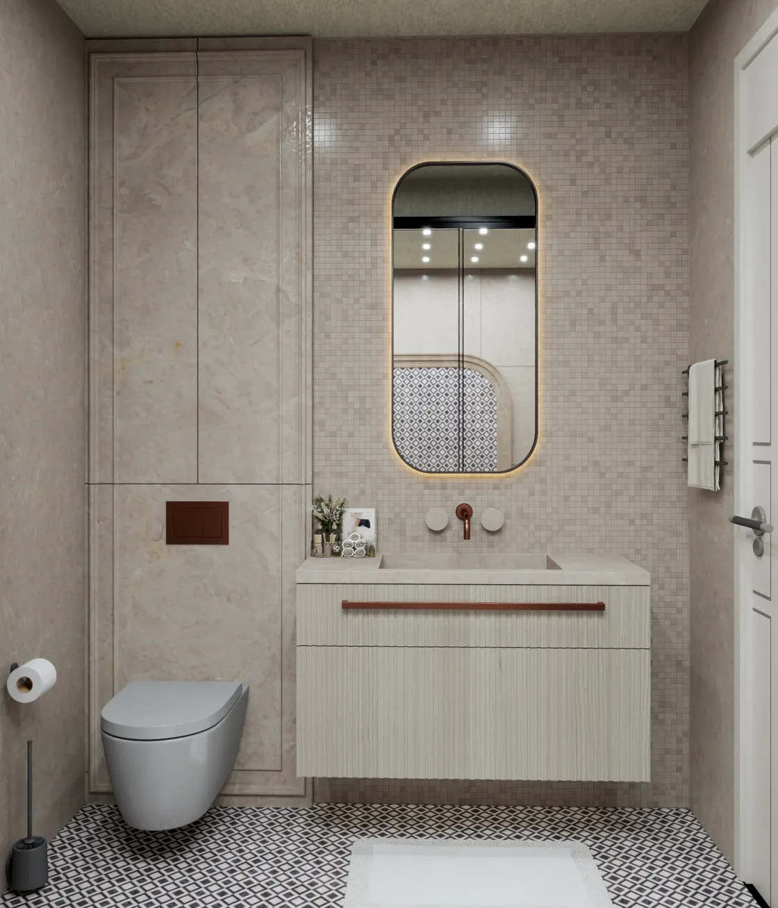 Misafir banyosu: mozaik kaplı duvar, oval aydınlatmalı ayna, dokulu askılı lavabo dolabı; zeminde siyah beyaz geometrik desenli karo