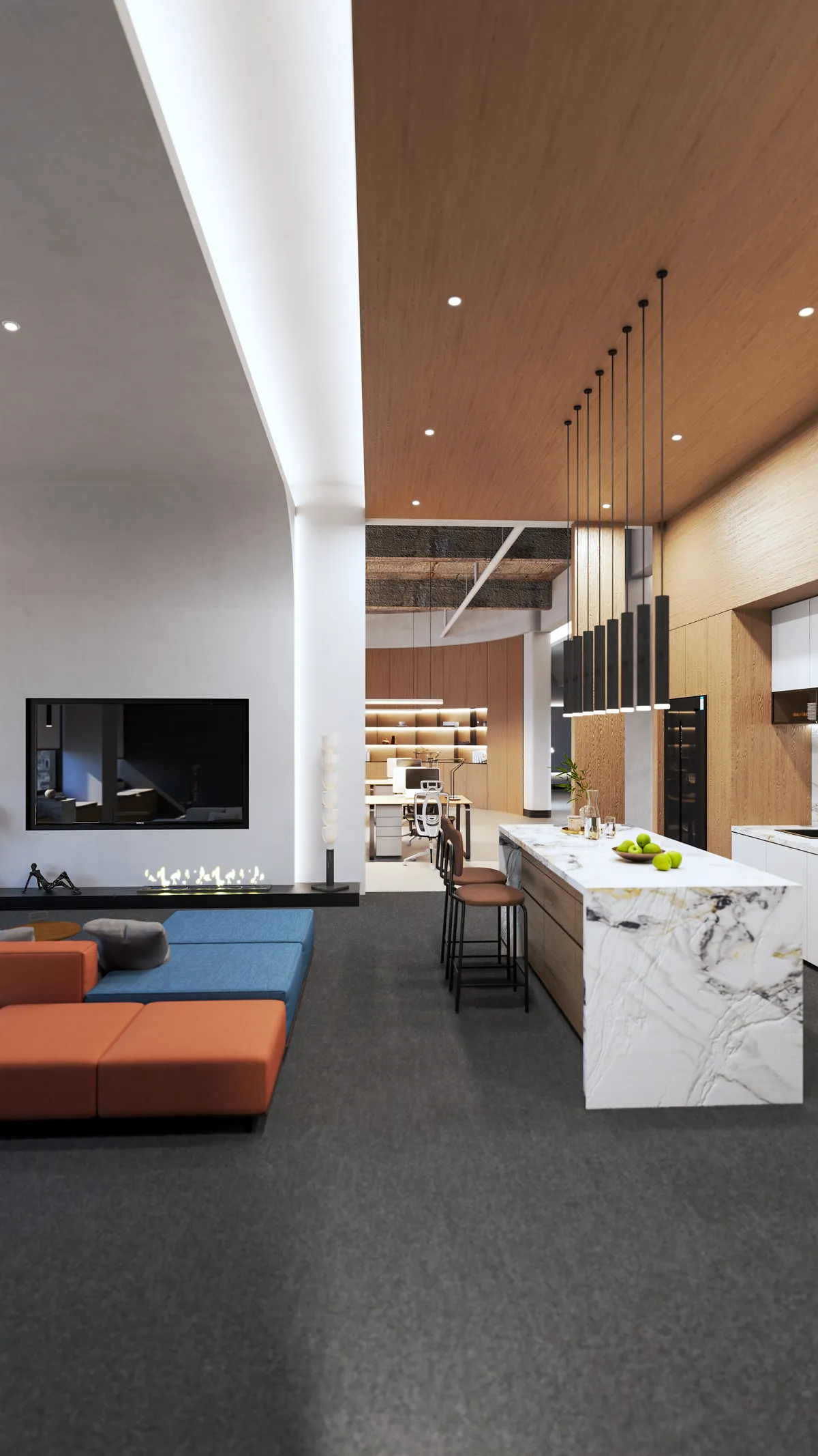 Lounge ve açık mutfak, dikey kadraj