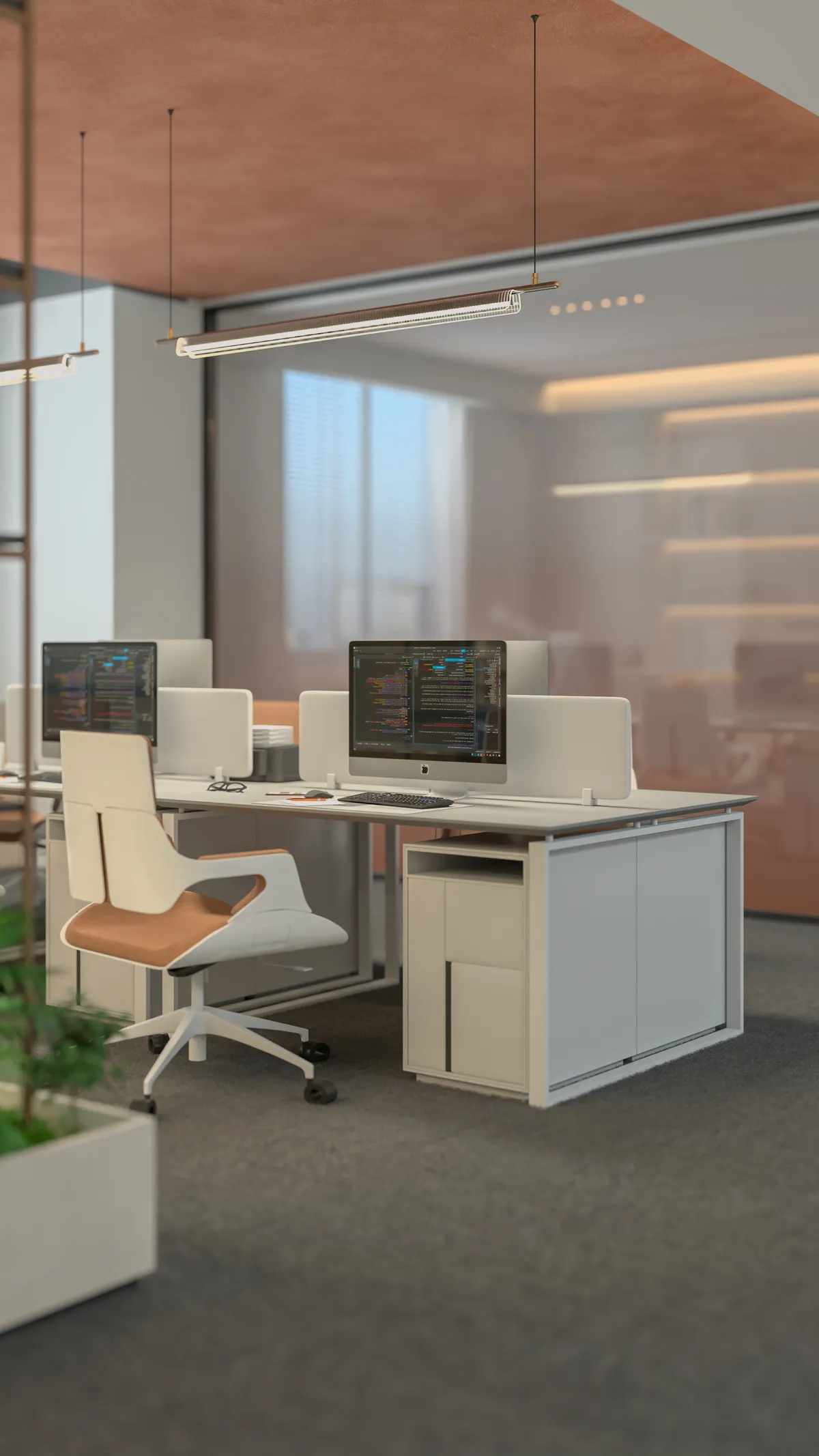 Terrakota tavan altında çalışma masaları